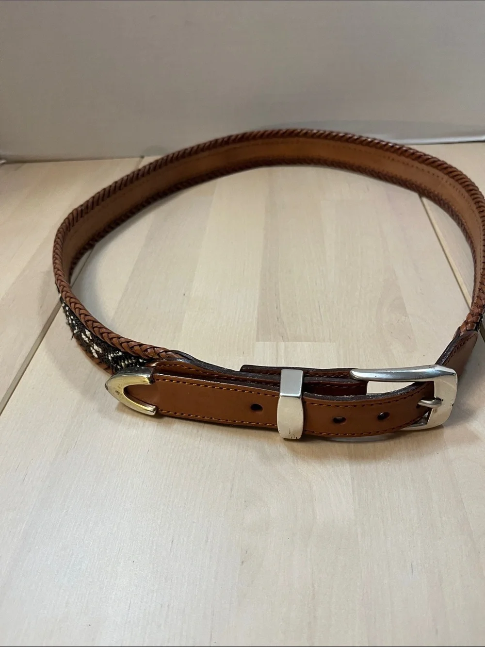 Brown Leather & Decorative Beaded Belt w/ Silver Hardware Men’s Size 38